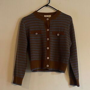 Striped Brown and Blue Button-Front Women's Cardigan Sweater